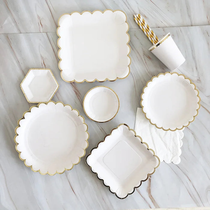 Deluxe Disposable Tableware White with Gold Rim Plate Paper Cup Tablecloth and Large Number Balloon for Birthday Party Wedding Decoration Baby Shower  Party Supplies  CutleryStraws