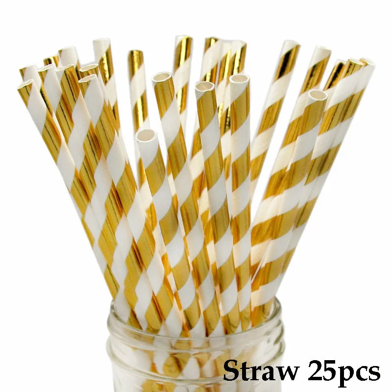 Deluxe Disposable Tableware White with Gold Rim Plate Paper Cup Tablecloth and Large Number Balloon for Birthday Party Wedding Decoration Baby Shower  Party Supplies  CutleryStraws