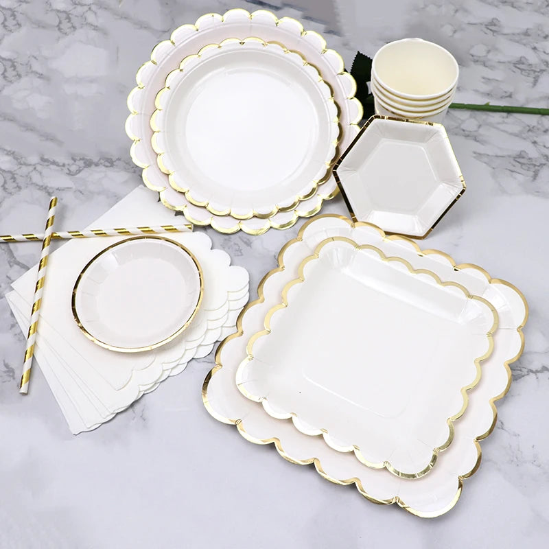 Deluxe Disposable Tableware White with Gold Rim Plate Paper Cup Tablecloth and Large Number Balloon for Birthday Party Wedding Decoration Baby Shower  Party Supplies  CutleryStraws