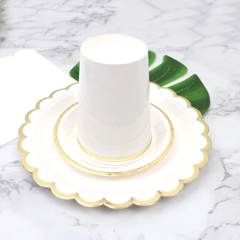 Deluxe Disposable Tableware White with Gold Rim Plate Paper Cup Tablecloth and Large Number Balloon for Birthday Party Wedding Decoration Baby Shower  Party Supplies  CutleryStraws