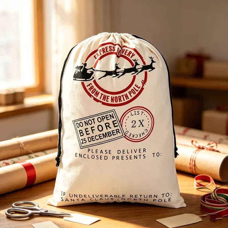 Large Christmas Santa Sack Canvas Drawstring Gift Bag Rudolph Reindeer Print Storage Pouch for Xmas Party Favors
