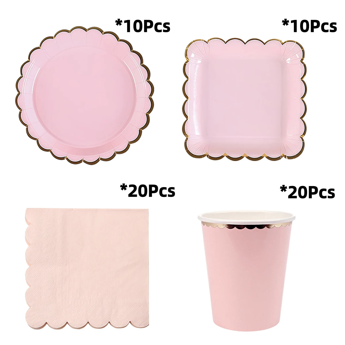Deluxe Pastel Coloured Scalloped Edge Gold Foil Paper Plates Cups Napkins Disposable Tableware Set for Birthday Wedding Celebration Party Supplies