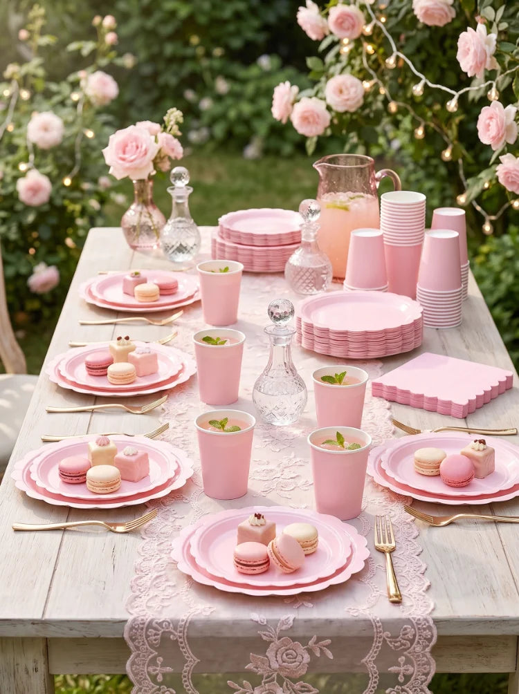 Elegant Pink Scalloped Edge Paper Plates Cups Napkins Solid Color Disposable Tableware For Christmas, Baby Shower Birthday Party Decor