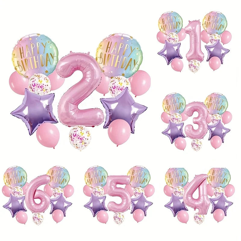 Pink Birthday Party Balloon Set includes 40inch Numbers 1 to 6 years old and Light Purple Star-Shaped Foil Balloons, Suitable for Birthday, Wedding, and Other Party Decorations and Celebration Photo Props