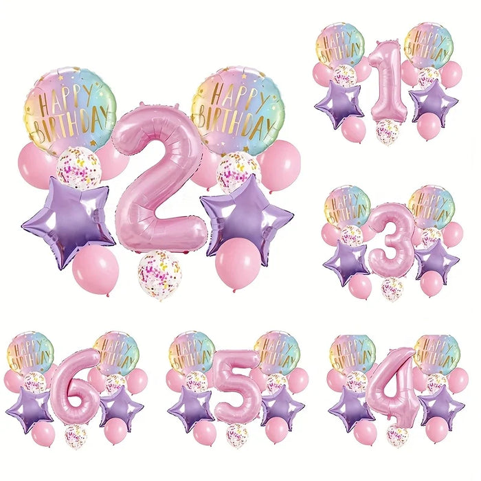 Pink Birthday Party Balloon Set includes 40inch Numbers 1 to 6 years old and Light Purple Star-Shaped Foil Balloons, Suitable for Birthday, Wedding, and Other Party Decorations and Celebration Photo Props