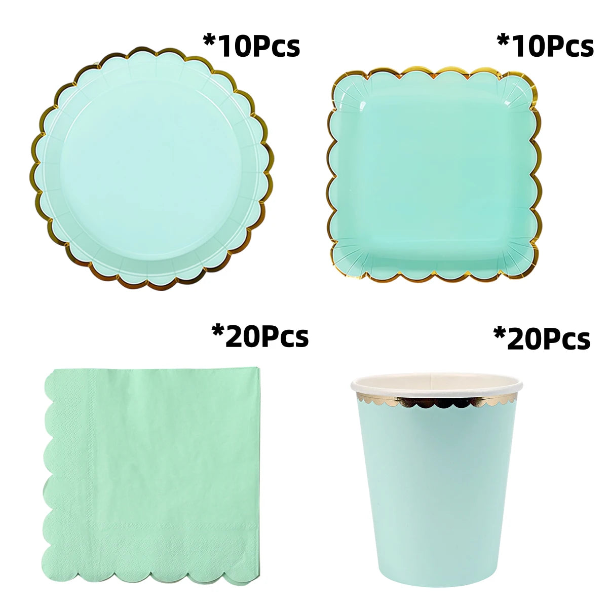 Deluxe Pastel Coloured Scalloped Edge Gold Foil Paper Plates Cups Napkins Disposable Tableware Set for Birthday Wedding Celebration Party Supplies