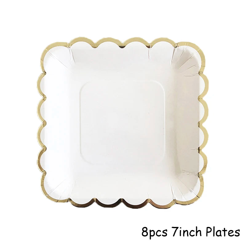 Deluxe Disposable Tableware White with Gold Rim Plate Paper Cup Tablecloth and Large Number Balloon for Birthday Party Wedding Decoration Baby Shower  Party Supplies  CutleryStraws