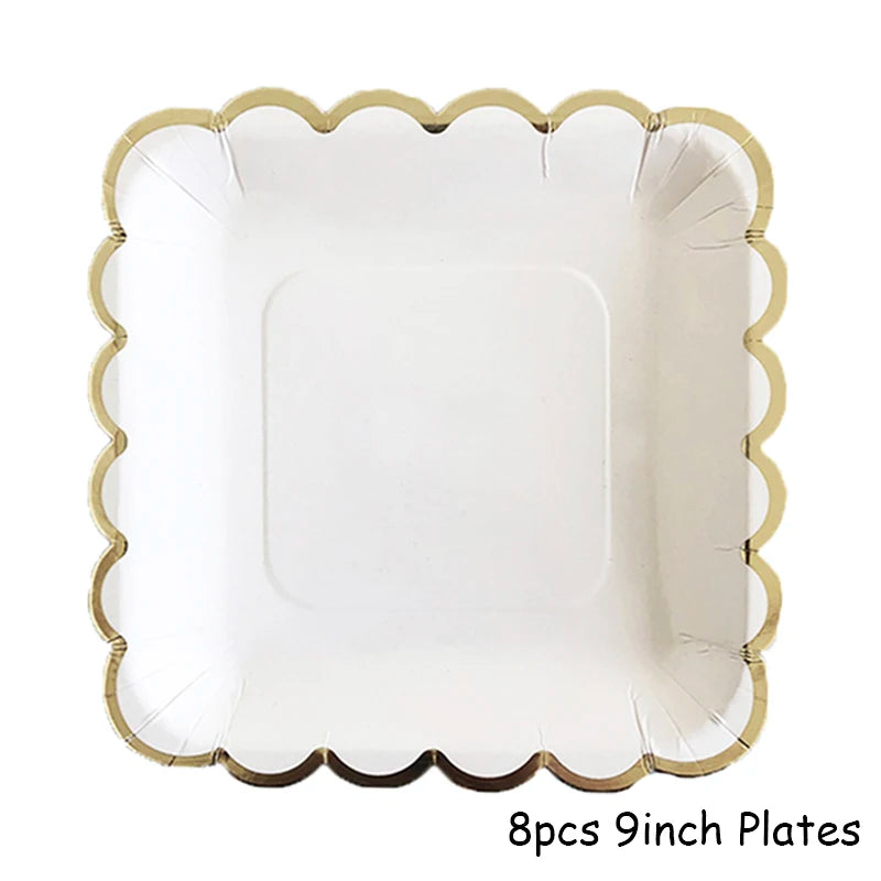 Deluxe White Disposable Tableware Set Party Gold Paper Plates for Weddings; Birthday Party; Baby Shower ; Party Supplies