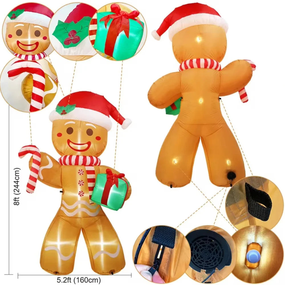 Giant Christmas Inflatables Gingerbread Man with Gift Pack Outdoor Decorations with LED Lights for Lawn 8FT/2.4M