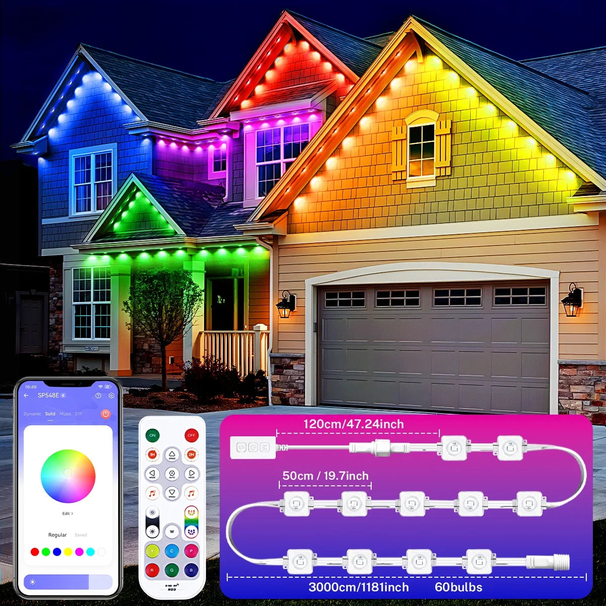 App-Controlled Waterproof Holiday External Decorative Lights, Christmas LED Eave Lights, 5/60-Meter Outdoor DIY Permanent Lighting String