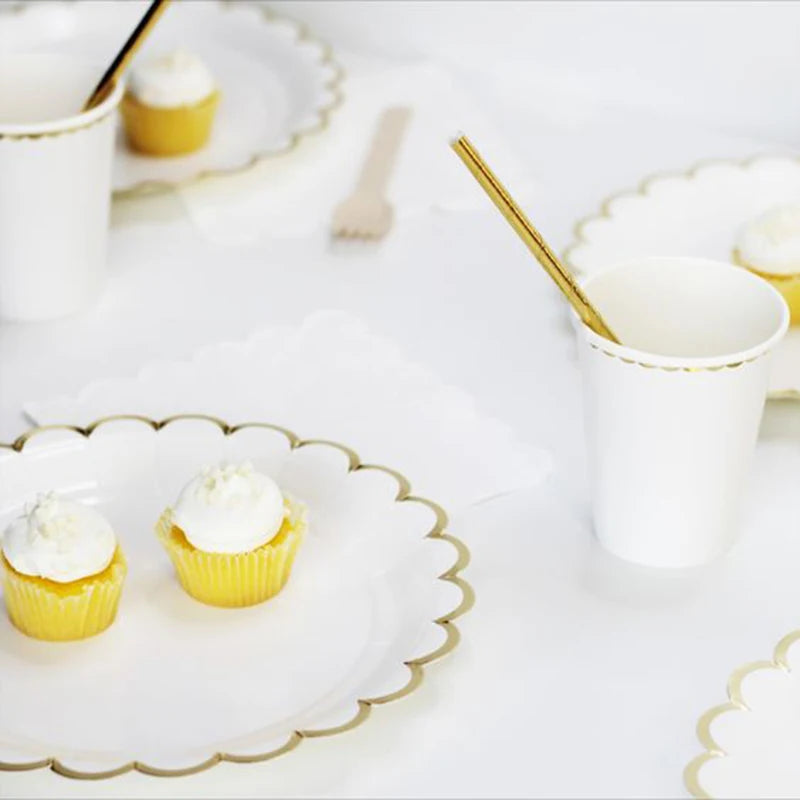 Deluxe Disposable Tableware White with Gold Rim Plate Paper Cup Tablecloth and Large Number Balloon for Birthday Party Wedding Decoration Baby Shower  Party Supplies  CutleryStraws