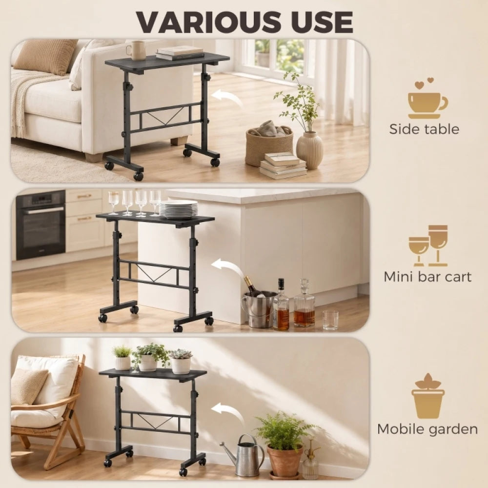 Overbed Table Adjustable Height 70-110cm, Mobile Laptop Side Table with Lockable Wheels, Steel Frame Rolling Bedside Table for Bedroom Living Room Study, 80×40cm Desktop Hold Up to 15kg