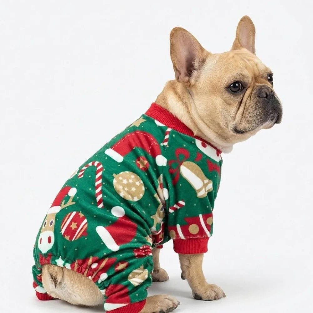 Cute Soft Fleece Christmas Dog Jumpsuit Warm Santa Claus Print Breathable
