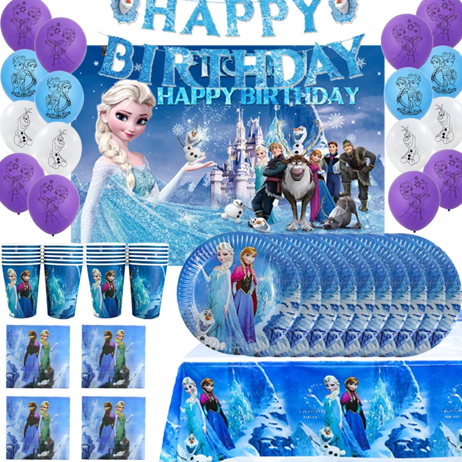 Elsa & Anna Princess Birthday Party Kit – Frozen-Themed Decorations, Balloons, Banner, Plates, Cups & Gift Bags