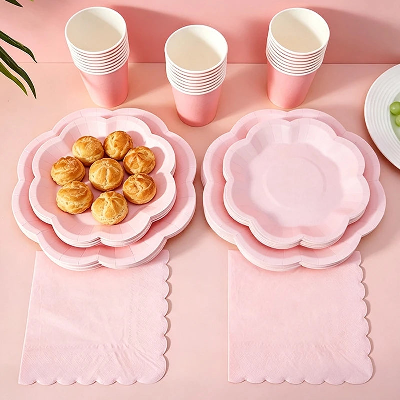 Deluxe Party Decoration Paper Plates Cups and Serviettes Birthday Wedding Party Supplies Christmas Party  - Flower Shape |  White  Pink Baby Blue Lilac
