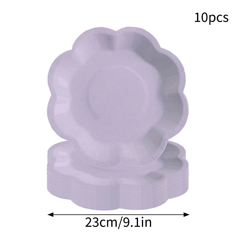 Deluxe Party Decoration Paper Plates Cups and Serviettes Birthday Wedding Party Supplies Christmas Party  - Flower Shape |  White  Pink Baby Blue Lilac