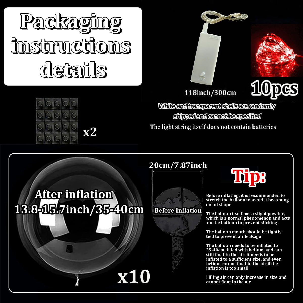 Ten Piece Set of LED Transparent Luminous Balloons for Anniversary, Wedding, Birthday, Party Decoration