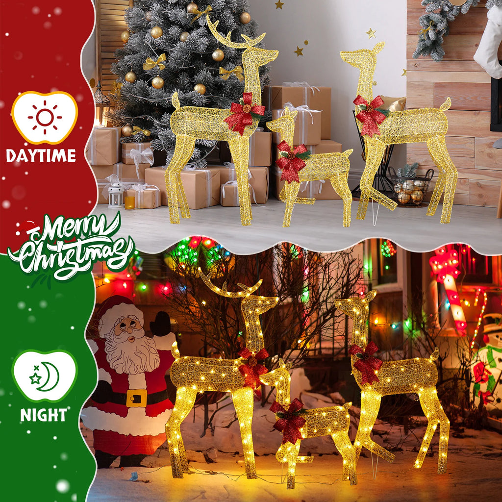 3-Piece Lighted Christmas Reindeer Family Set Outdoor Decorations, Weather Proof 2D Deer Family Set of 3 Christmas Ornament Home Decor Pre-lit 200 LED Warm White Lights with Stakes, Colour: Golden