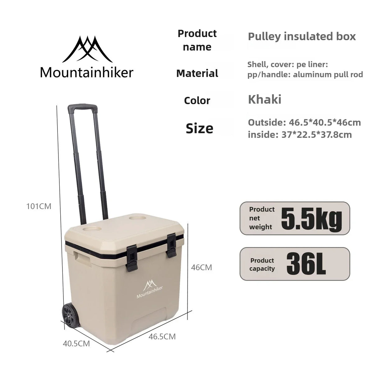 GO PEAK MOUNTAINHIKER 36L White, Black, Khaki, Pulley Box Outdoor Incubator with Trolley Wheels