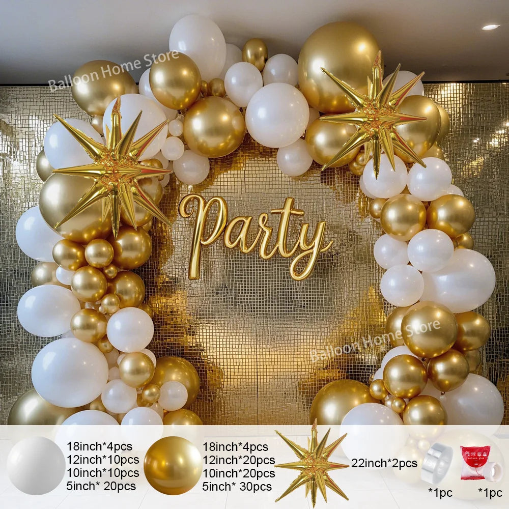 White and Gold Balloons Garland Arch : Starburst Foil Balloon for Wedding, Anniversary, Birthday Party Decorations