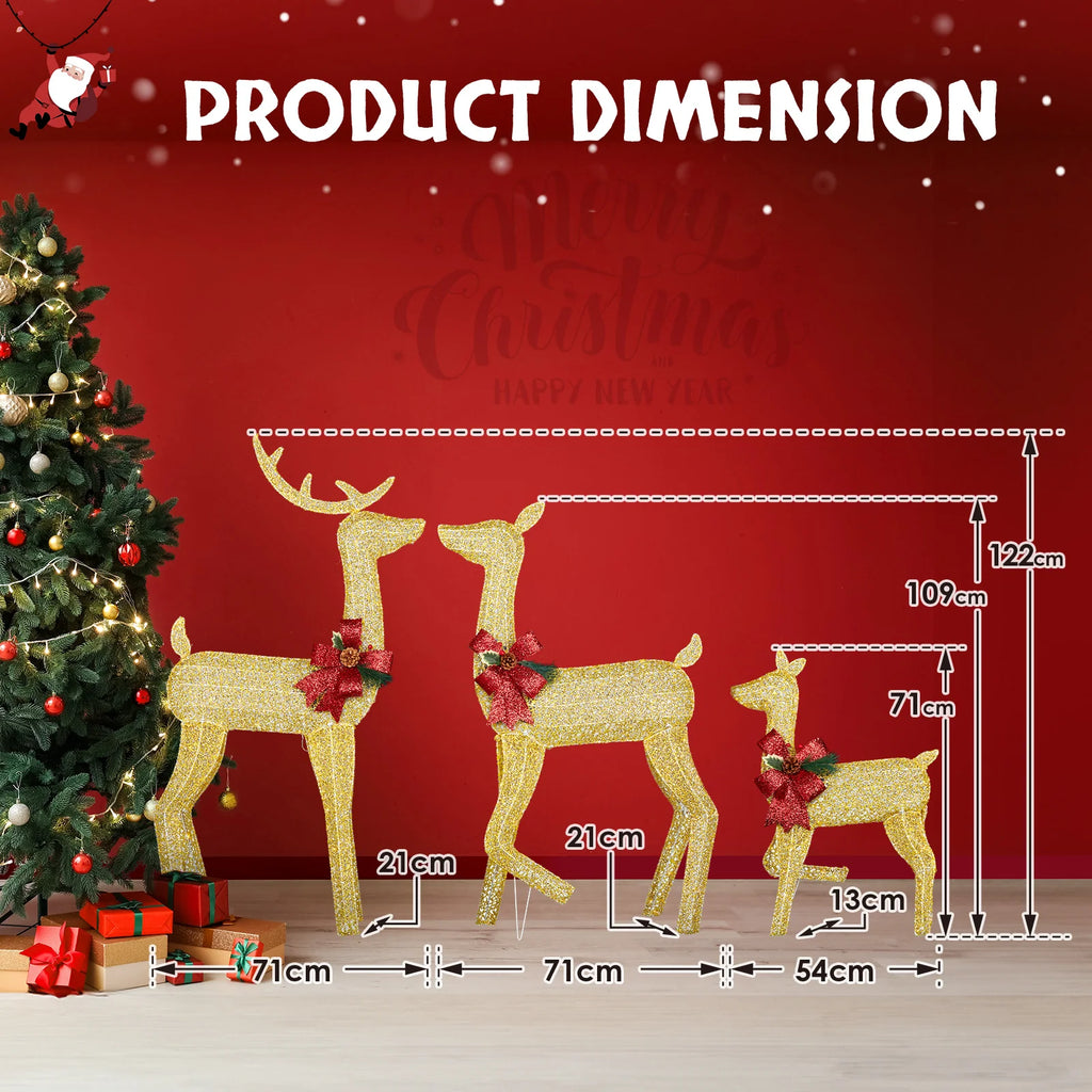 3-Piece Lighted Christmas Reindeer Family Set Outdoor Decorations, Weather Proof 2D Deer Family Set of 3 Christmas Ornament Home Decor Pre-lit 200 LED Warm White Lights with Stakes, Colour: Golden