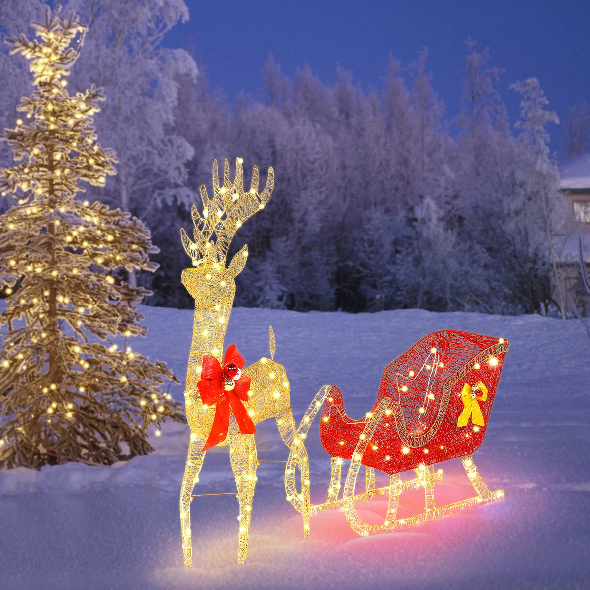 4ft Pre-Lit Golden Elk & Sleigh Christmas Decoration, Light Up Reindeer Sled with 210 LED Lights, Outdoor Garden Yard Festive Ornament, Mains Powered UK Plug, 120cm
