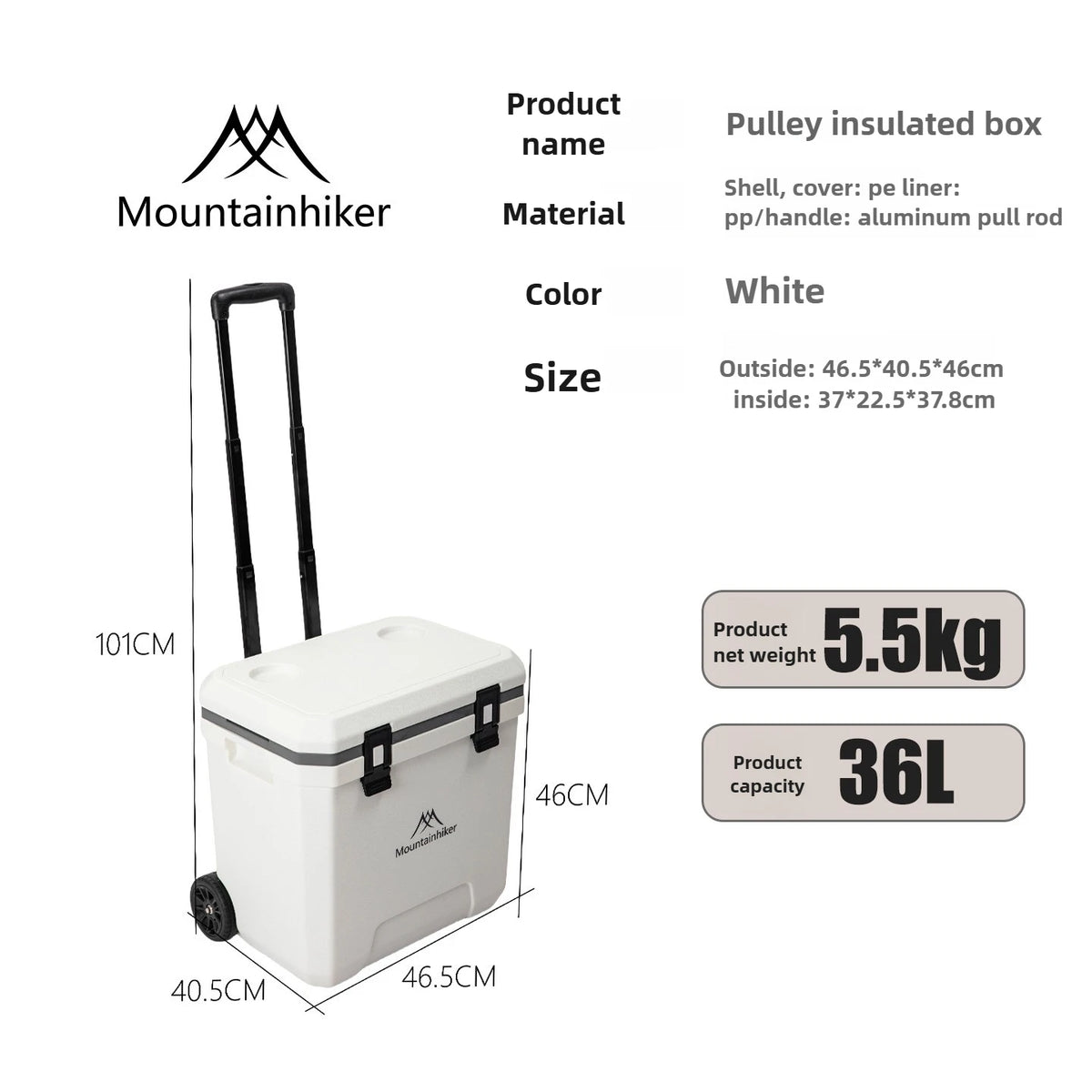 GO PEAK MOUNTAINHIKER 36L White, Black, Khaki, Pulley Box Outdoor Incubator with Trolley Wheels