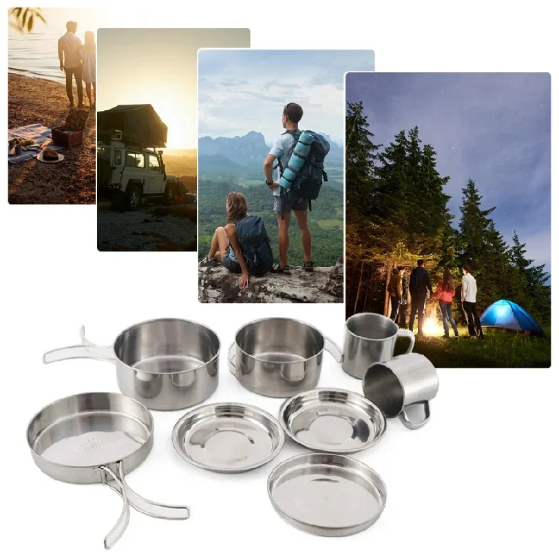 8piece Set of Camping Plates and Cookware Set, Stainless Steel Cooking Pot and Pan Set with Plates Cups for Outdoor Hiking Backpacking Unbreakable Camping Cutlery Set with Mug, Spoon, Fork and Storage Bag