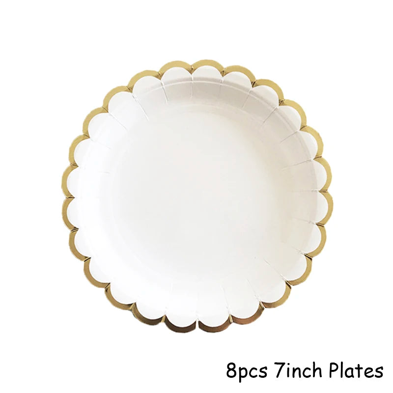 Deluxe White Disposable Tableware Set Party Gold Paper Plates for Weddings; Birthday Party; Baby Shower ; Party Supplies