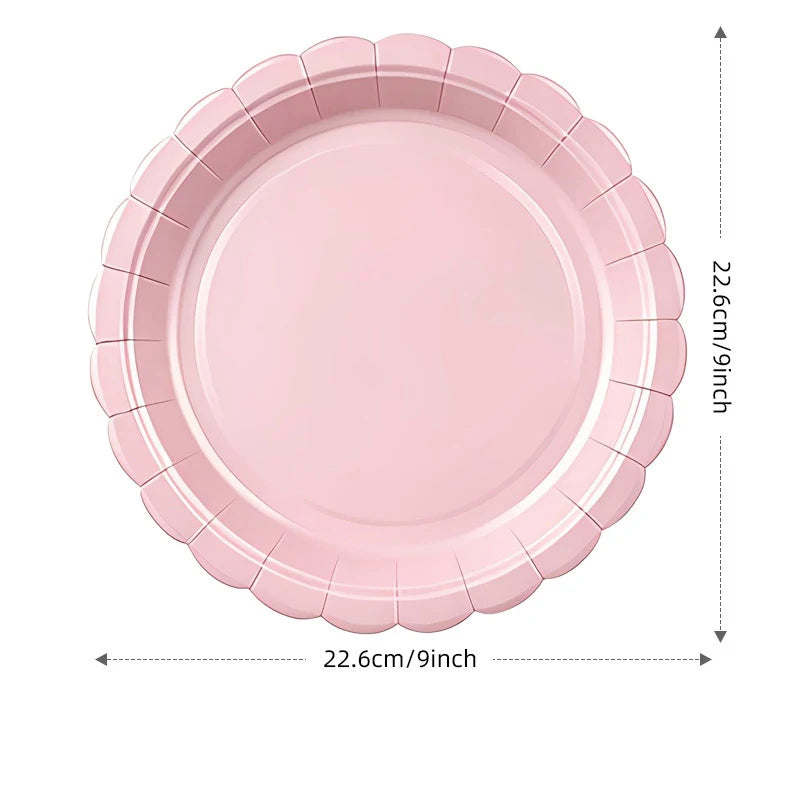 Elegant Pink Scalloped Edge Paper Plates Cups Napkins Solid Color Disposable Tableware For Christmas, Baby Shower Birthday Party Decor