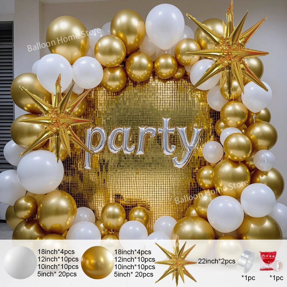 White and Gold Balloons Garland Arch : Starburst Foil Balloon for Wedding, Anniversary, Birthday Party Decorations