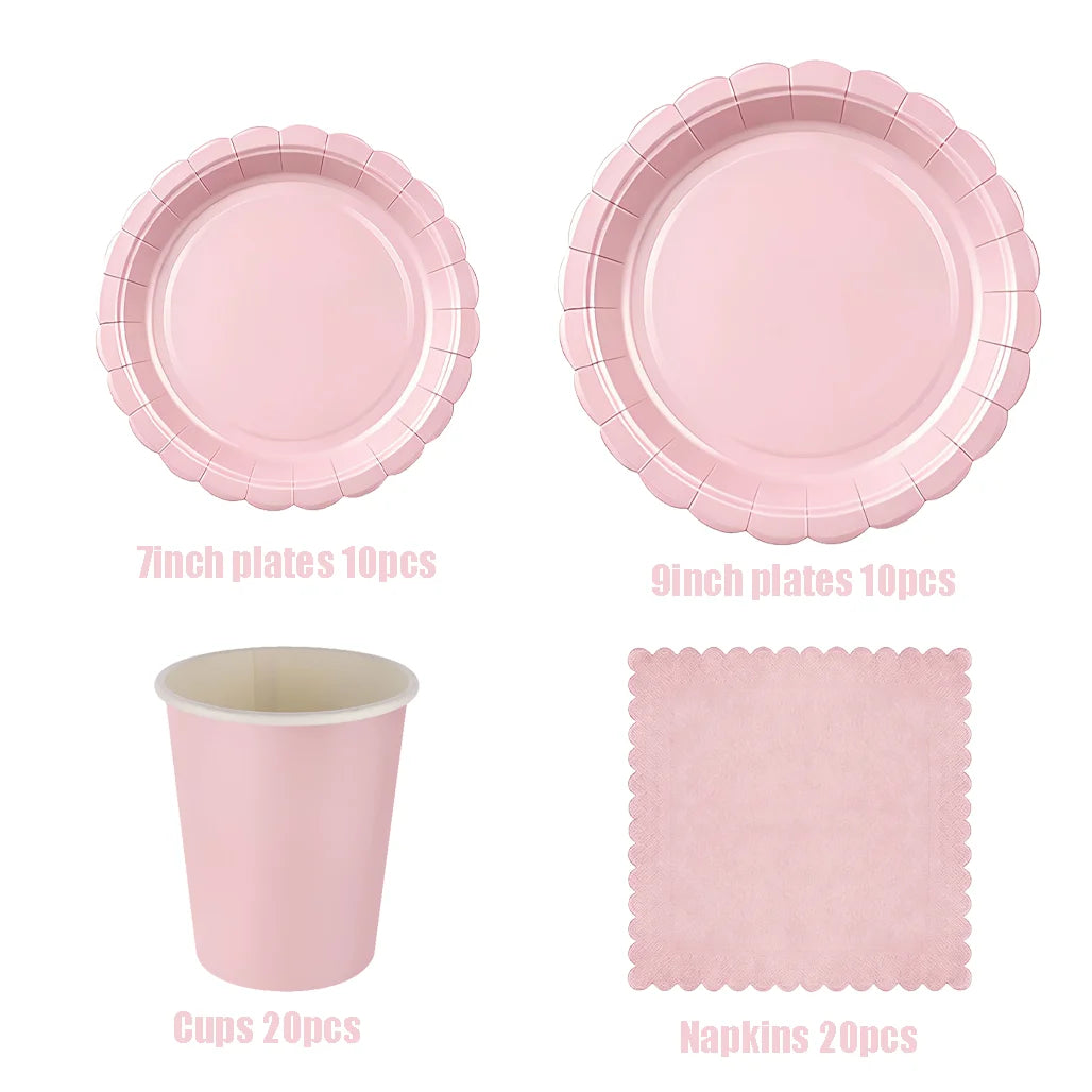 Elegant Pink Scalloped Edge Paper Plates Cups Napkins Solid Color Disposable Tableware For Christmas, Baby Shower Birthday Party Decor