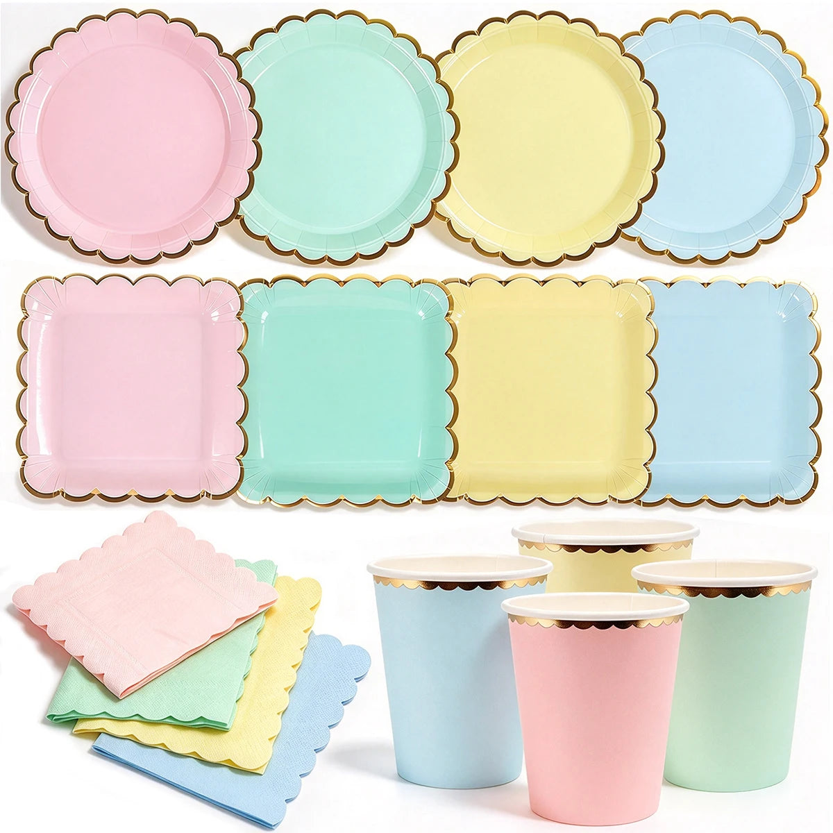 Deluxe Pastel Coloured Scalloped Edge Gold Foil Paper Plates Cups Napkins Disposable Tableware Set for Birthday Wedding Celebration Party Supplies