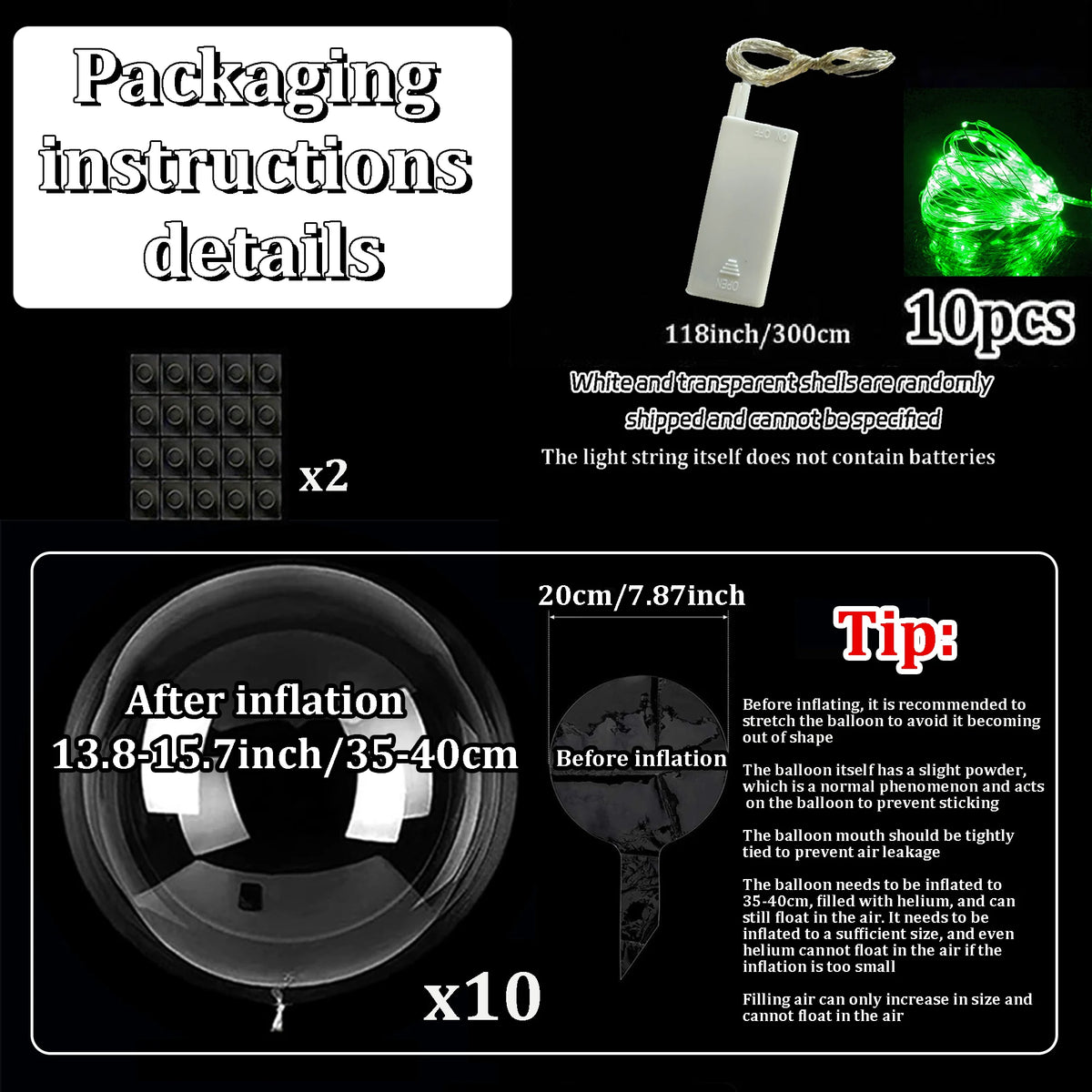 Ten Piece Set of LED Transparent Luminous Balloons for Anniversary, Wedding, Birthday, Party Decoration