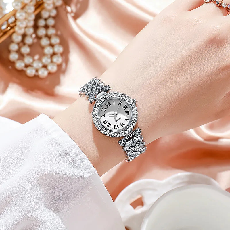 5PCS Elegant Rhinestone Women Quartz Watch Jewelry Set Fashion Ladies Bracelet Strap Wristwatches Reloj Mujer（Without Box） - Gifts