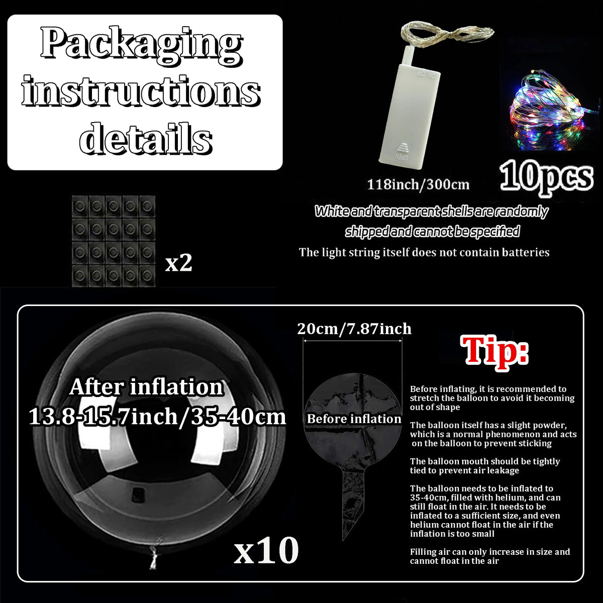Ten Piece Set of LED Transparent Luminous Balloons for Anniversary, Wedding, Birthday, Party Decoration