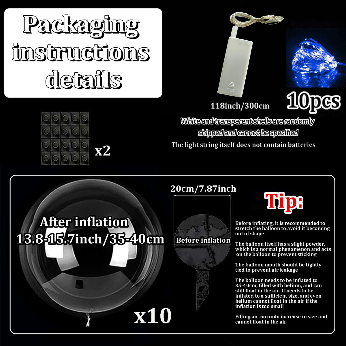 Ten Piece Set of LED Transparent Luminous Balloons for Anniversary, Wedding, Birthday, Party Decoration