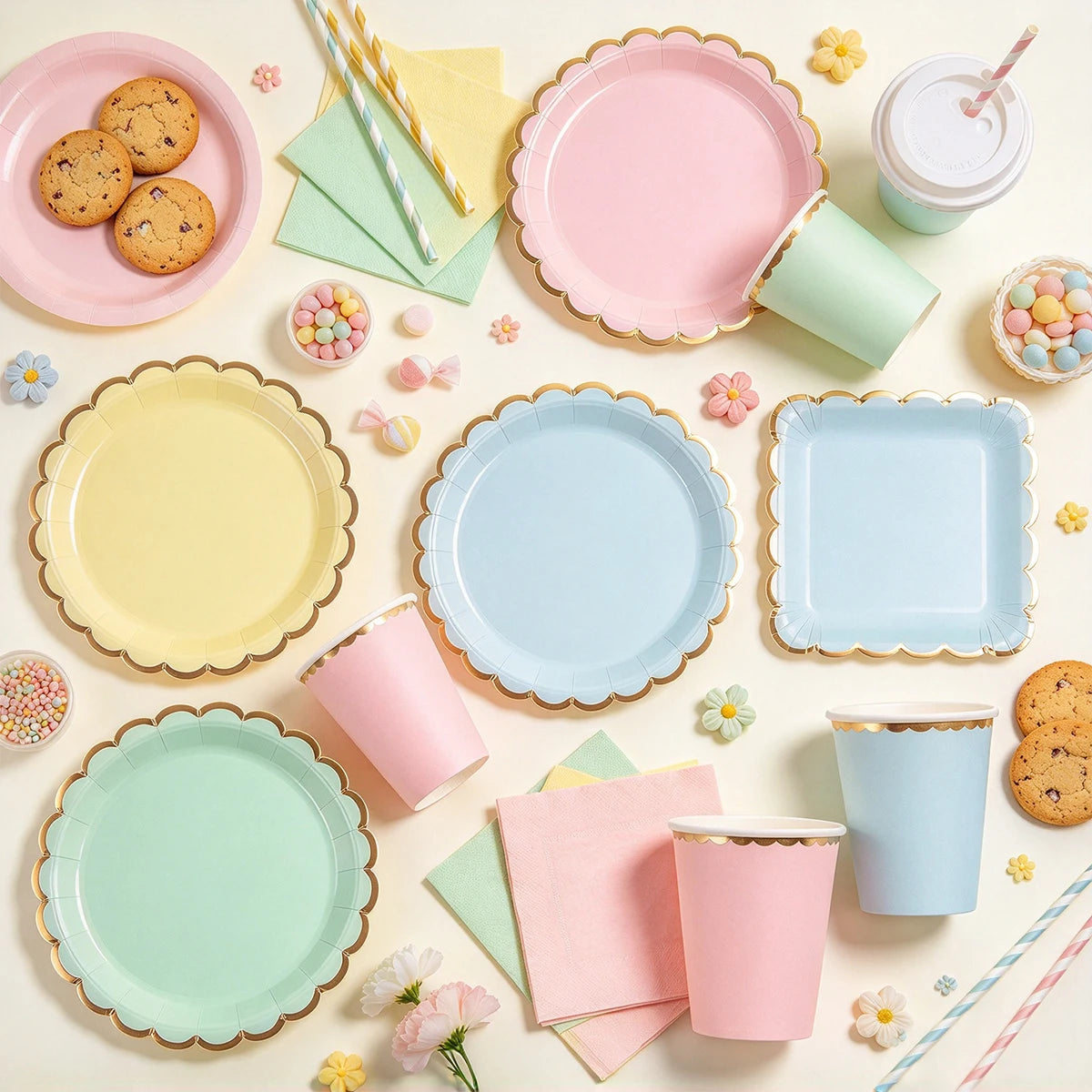 Deluxe Pastel Coloured Scalloped Edge Gold Foil Paper Plates Cups Napkins Disposable Tableware Set for Birthday Wedding Celebration Party Supplies