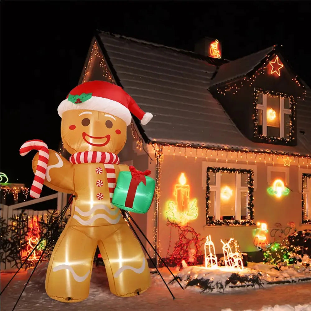 Giant Christmas Inflatables Gingerbread Man with Gift Pack Outdoor Decorations with LED Lights for Lawn 8FT/2.4M