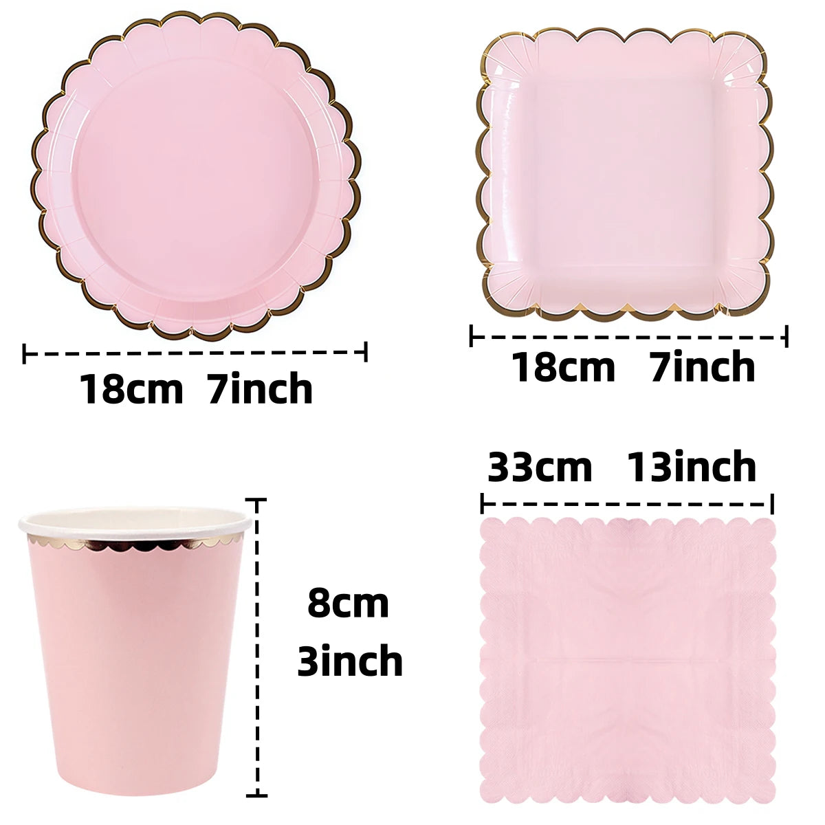 Deluxe Pastel Coloured Scalloped Edge Gold Foil Paper Plates Cups Napkins Disposable Tableware Set for Birthday Wedding Celebration Party Supplies