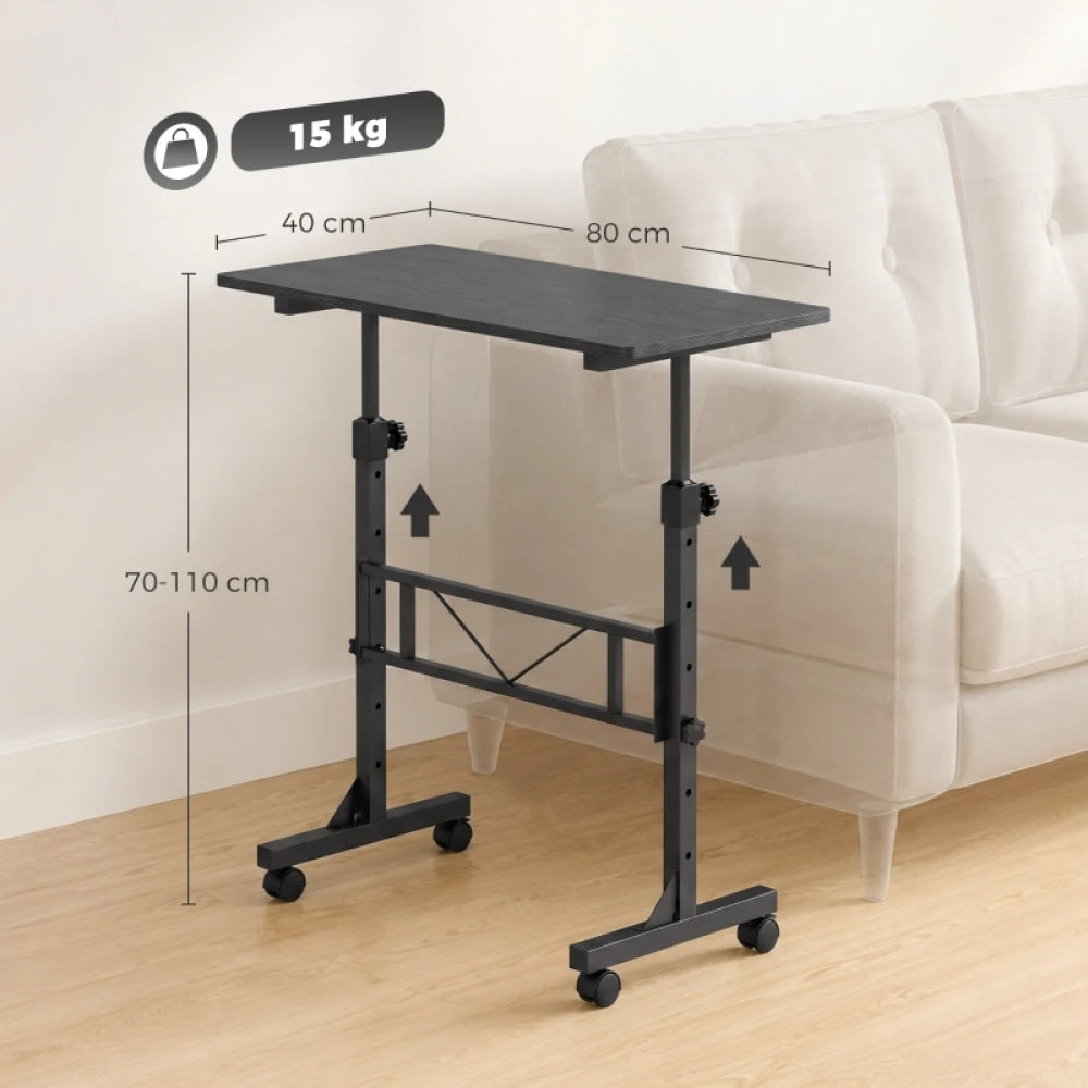 Overbed Table Adjustable Height 70-110cm, Mobile Laptop Side Table with Lockable Wheels, Steel Frame Rolling Bedside Table for Bedroom Living Room Study, 80×40cm Desktop Hold Up to 15kg