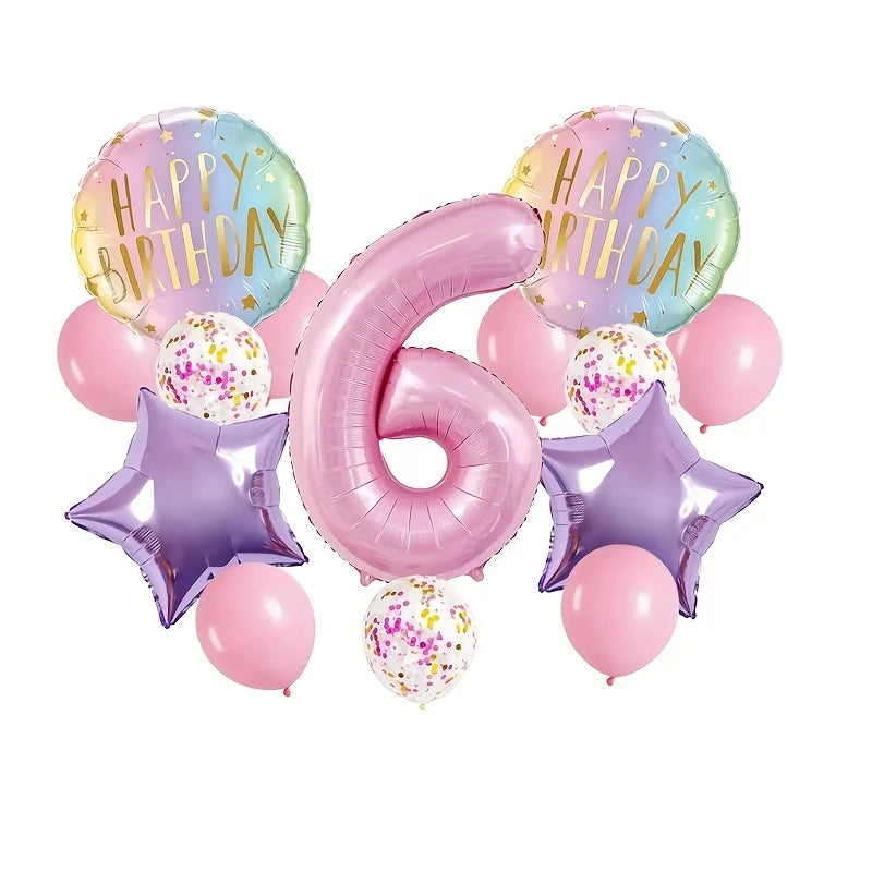 Pink Birthday Party Balloon Set includes 40inch Numbers 1 to 6 years old and Light Purple Star-Shaped Foil Balloons, Suitable for Birthday, Wedding, and Other Party Decorations and Celebration Photo Props