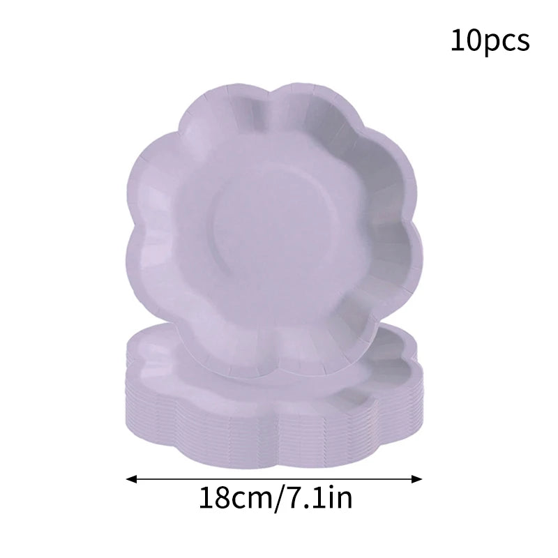 Deluxe Party Decoration Paper Plates Cups and Serviettes Birthday Wedding Party Supplies Christmas Party  - Flower Shape |  White  Pink Baby Blue Lilac