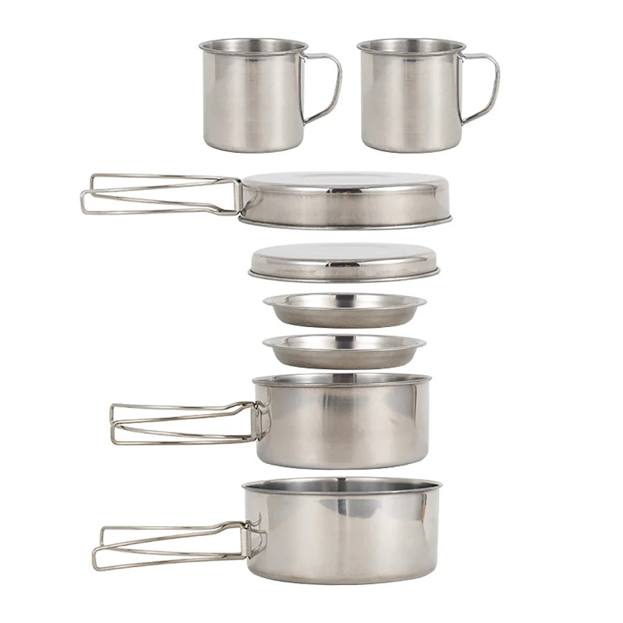 8piece Set of Camping Plates and Cookware Set, Stainless Steel Cooking Pot and Pan Set with Plates Cups for Outdoor Hiking Backpacking Unbreakable Camping Cutlery Set with Mug, Spoon, Fork and Storage Bag