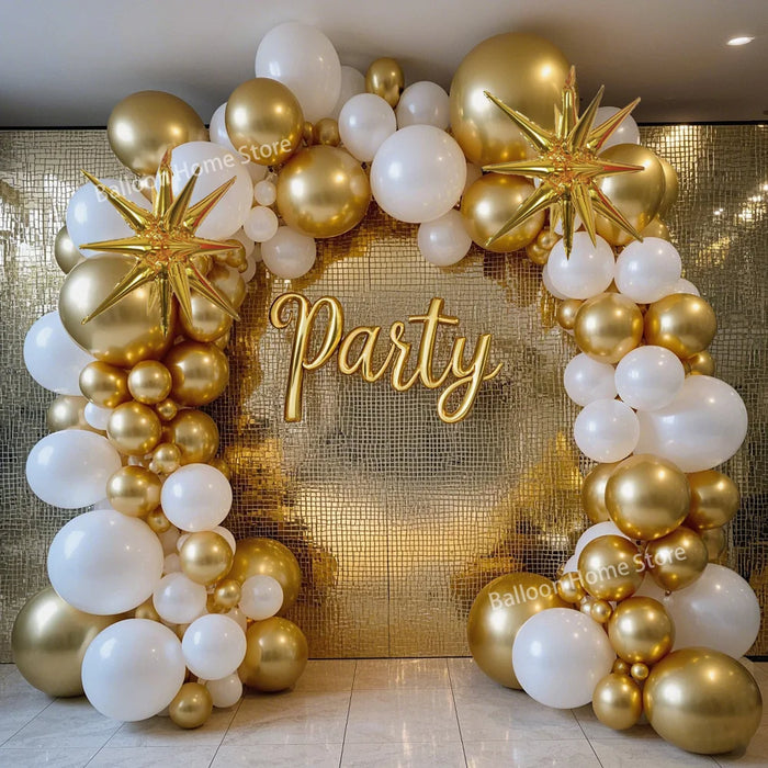 White and Gold Balloons Garland Arch : Starburst Foil Balloon for Wedding, Anniversary, Birthday Party Decorations
