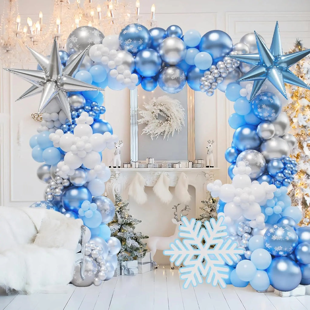 Blue White Sliver Frozen Balloon Arch Garland Kit for Girl Winter Wonderland Princess Snowflake Birthday Party Decorations