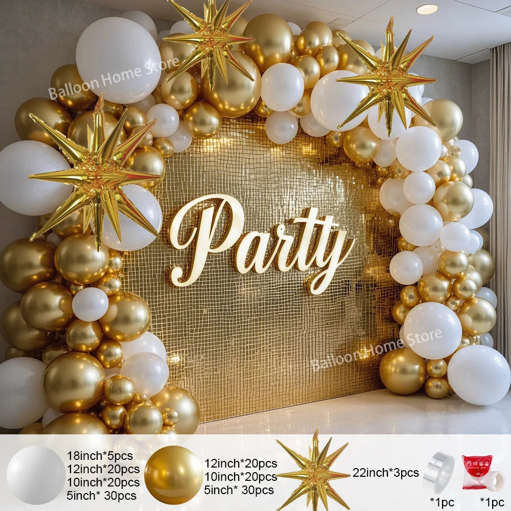 White and Gold Balloons Garland Arch : Starburst Foil Balloon for Wedding, Anniversary, Birthday Party Decorations