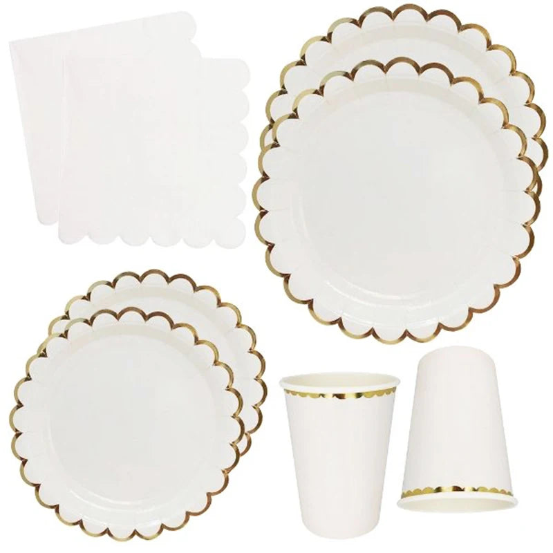 Deluxe Disposable Tableware White with Gold Rim Plate Paper Cup Tablecloth and Large Number Balloon for Birthday Party Wedding Decoration Baby Shower  Party Supplies  CutleryStraws