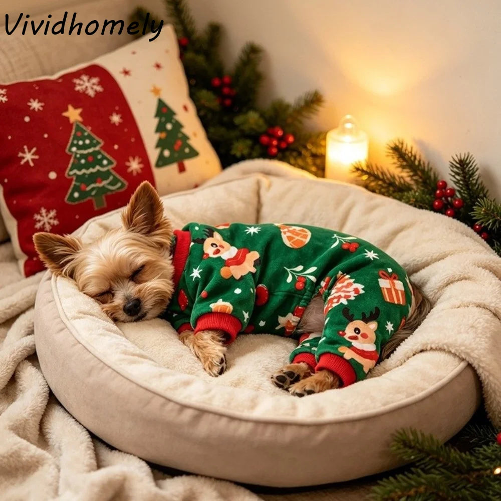Cute Soft Fleece Christmas Dog Jumpsuit Warm Santa Claus Print Breathable