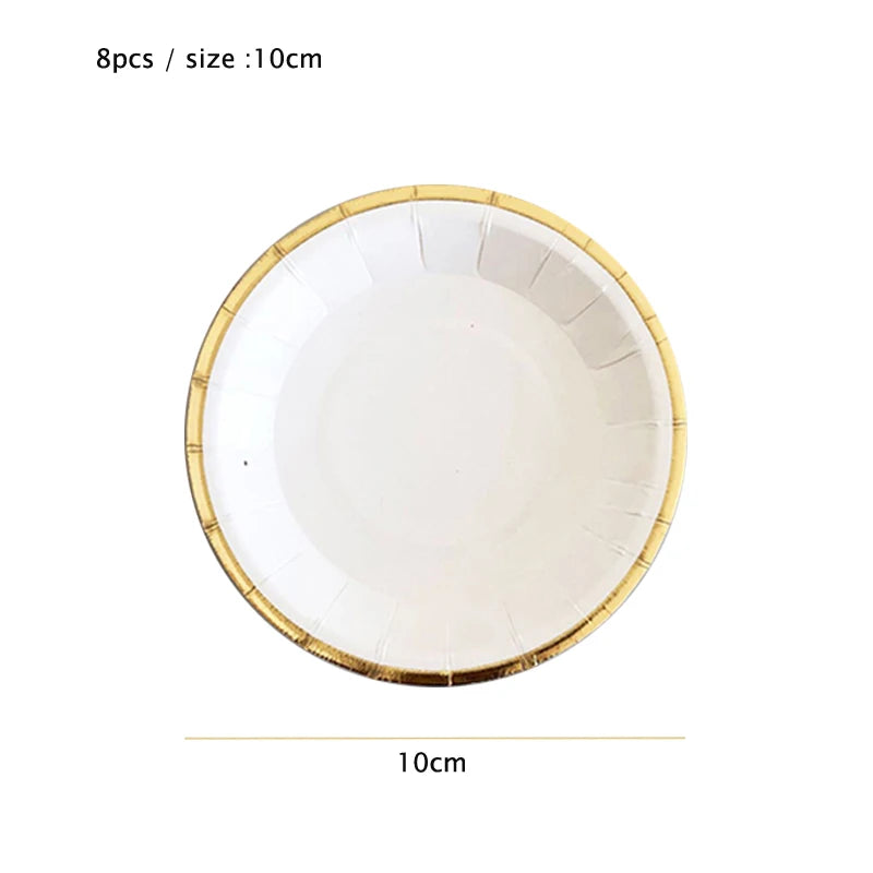 Deluxe White Disposable Tableware Set Party Gold Paper Plates for Weddings; Birthday Party; Baby Shower ; Party Supplies